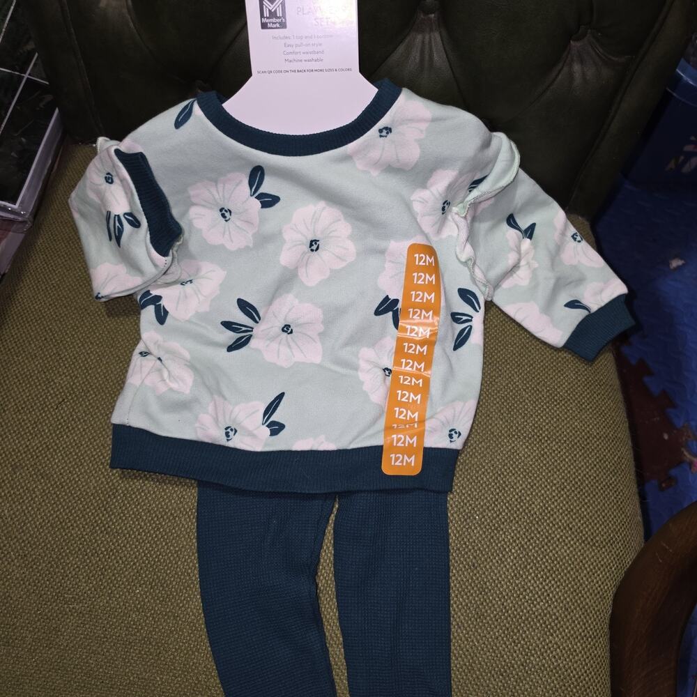 Member's Mark Girls 2 piece Playwear Set 12 M Green Floral NWT